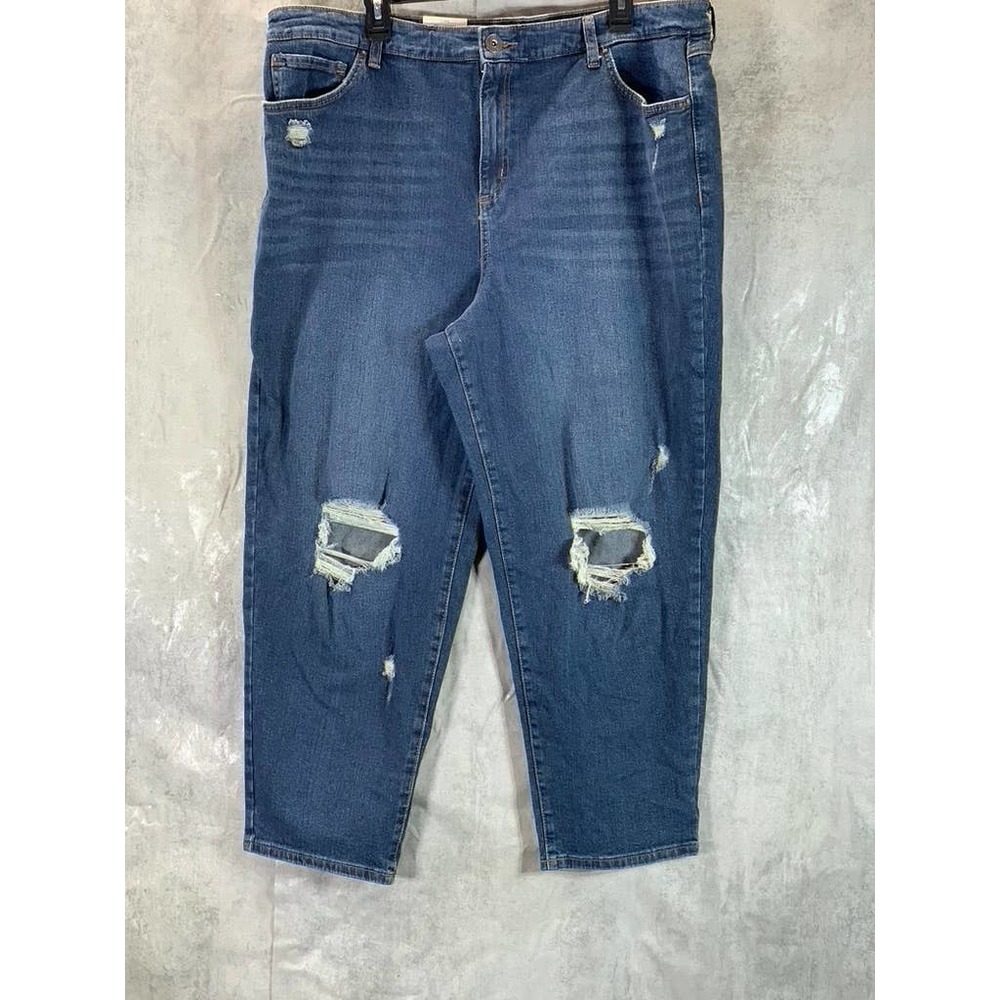 INC International Women's Plus Blue High-Rise Straight-Leg Distressed Jean SZ18W